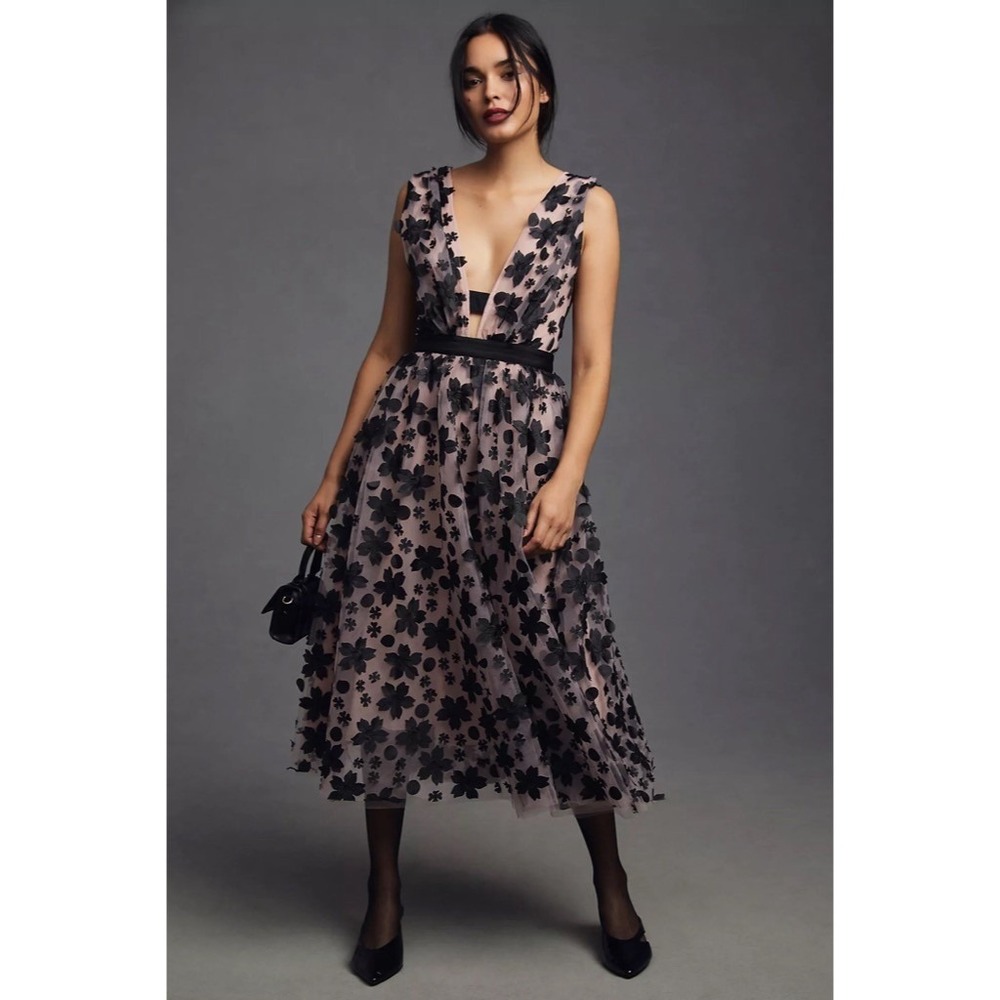 Anthropologie Blush Pink Midi Dress with Black Floral Appliqué